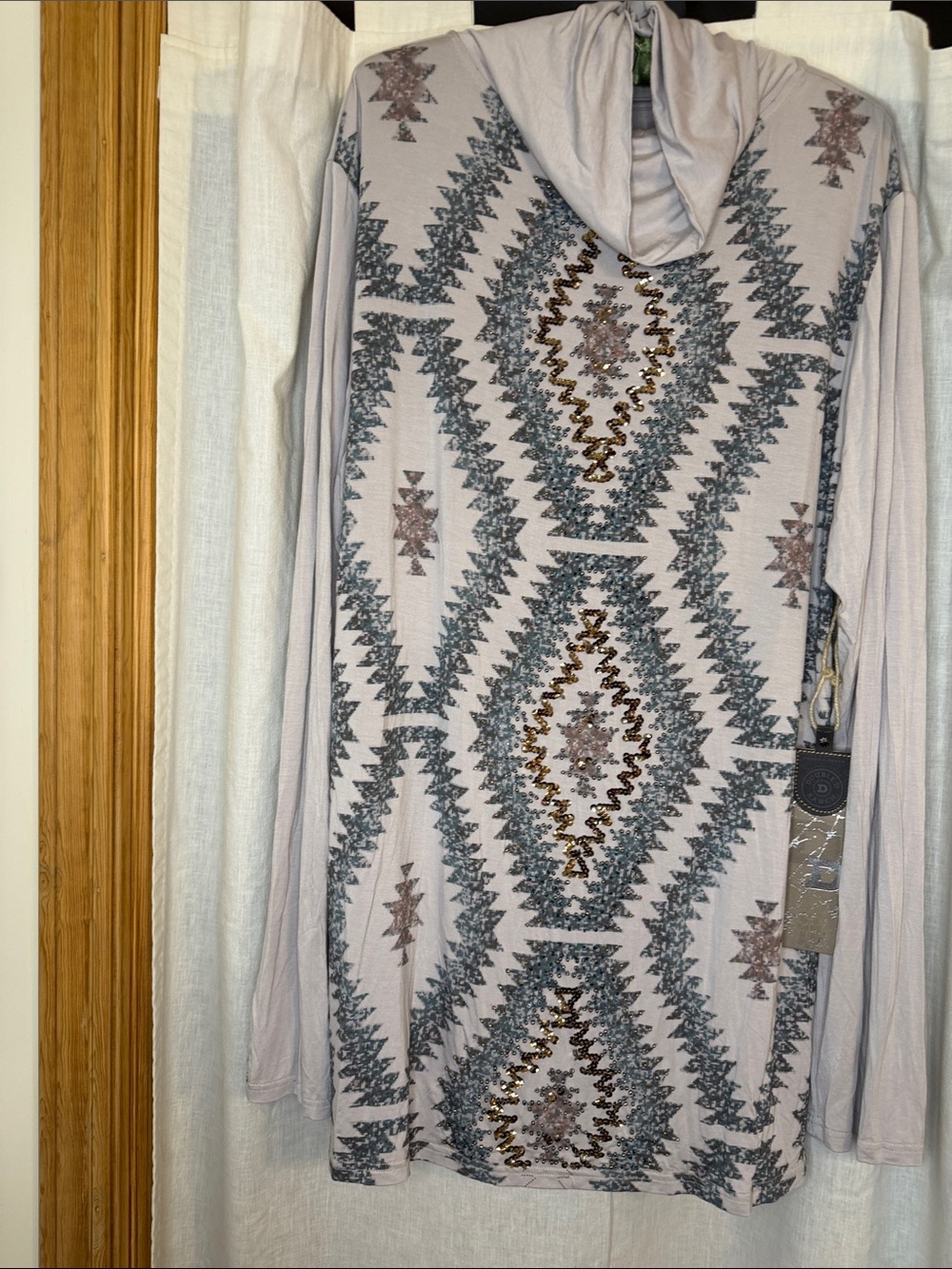 Double D Ranch Taupe Aztec-Pattern Cowl-Neck Tunic with Metallic Accents